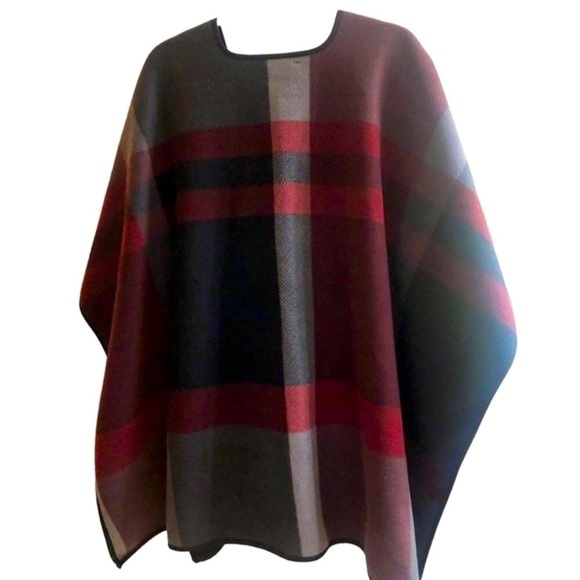 Plaid Wool Maroon Grey  Blanket Scarf Cape Wrap Jacket Onesize - Picture 2 of 3